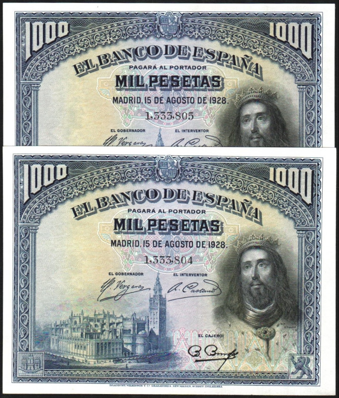 15 de agosto de 1928. 1.000 pesetas. Pareja correlativa. E357. EBC+, restos de a...