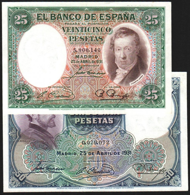 25 de abril de 1931. 25 y 50 pesetas. E358 y 359. Leve marca horizontal en el pr...