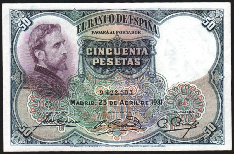 25 de abril de 1931. 50 pesetas. E359. Dos esquinas ligeramente marcadas de cont...