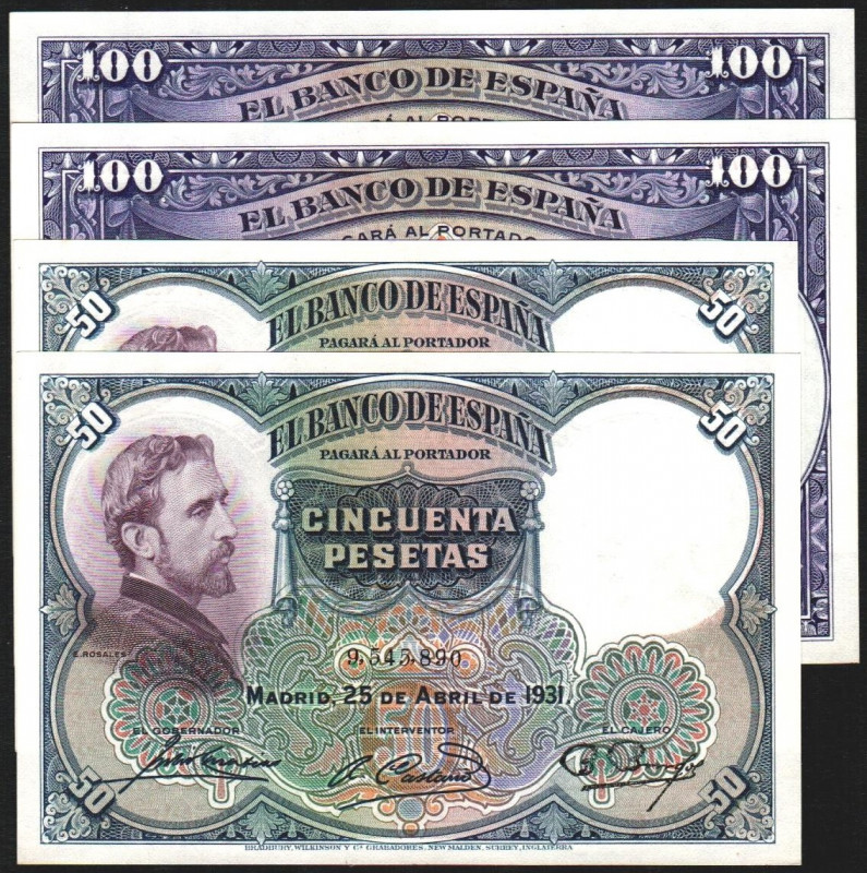 25 de abril de 1931. 50 y 100 pesetas. Parejas correlativas (2). E359 y 360. Esq...