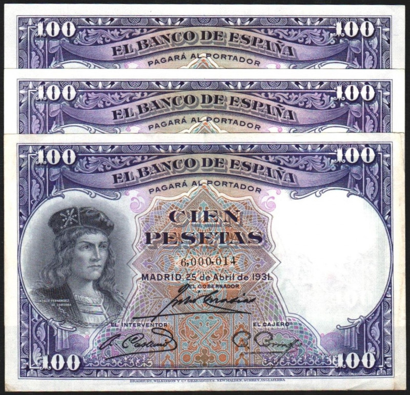 25 de abril de 1931. 100 pesetas. Pareja correlativa. Más otro suelto con numera...