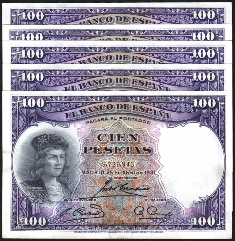 25 de abril de 1931. 100 pesetas. Quinteto correlativo. E360. Leve manchita en m...