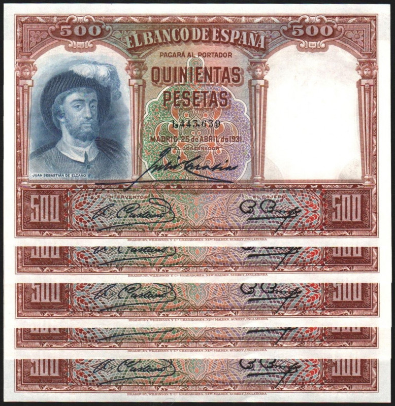 25 de abril de 1931. 500 pesetas. Quinteto correlativo. E361. Esquina levísimame...