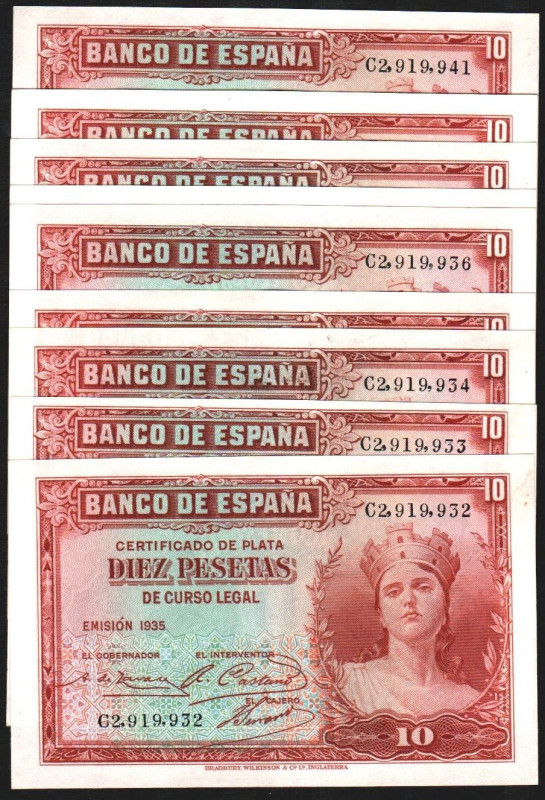 1935. 10 pesetas. Serie C. Decena correlativa. E364a. EBC+, apresto original. Lo...