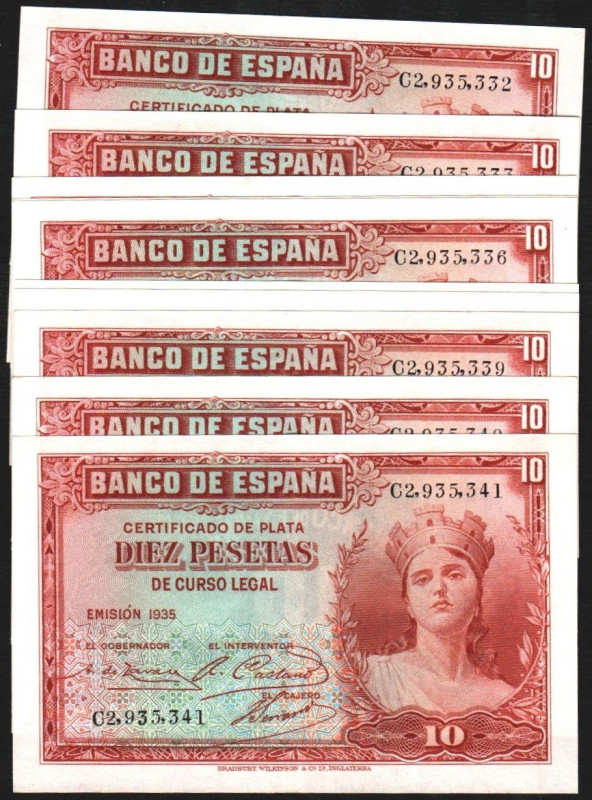 1935. 10 pesetas. Serie C. Decena correlativa. E364a. EBC+, casi todo su apresto...