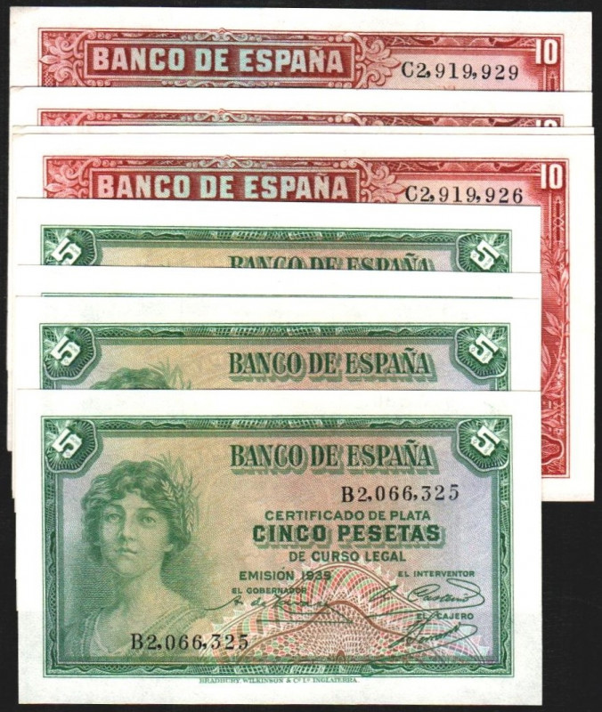 1935. 5 (5) y 10 pesetas (4). Quinteto y cuarteto correlativos. Series B y C. E3...