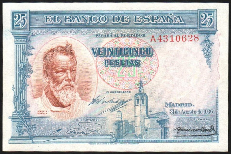 31 de agosto de 1936. 25 pesetas. Serie A. E367a. SC, apresto original