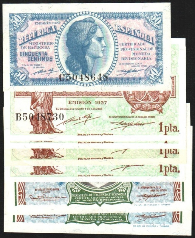 1937. 50 céntimos y 1 peseta (4). Serie C el primero, y A y B (2+1). Pareja corr...