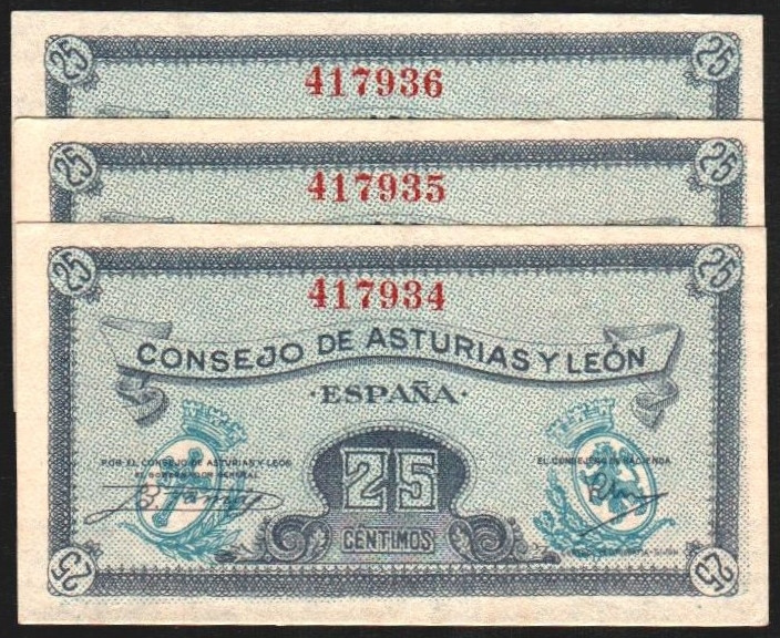 Consejo de Asturias y León. 25 céntimos. Trío correlativo. E394. Esquina muy mar...