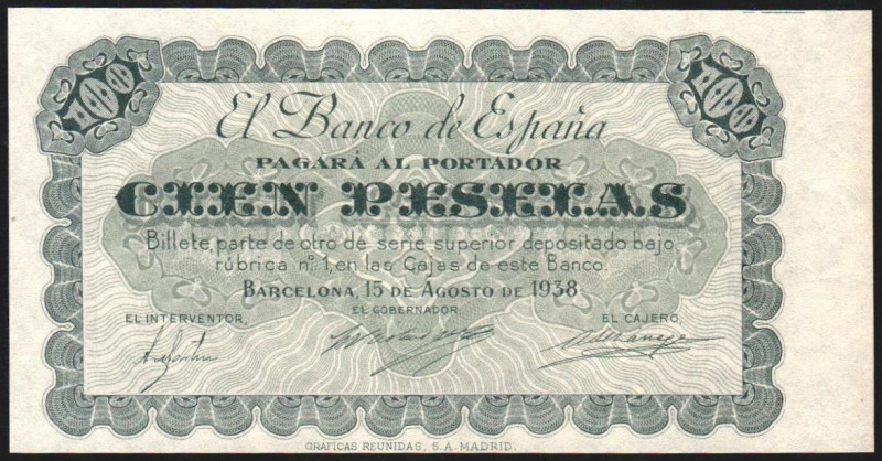 Banco de España Barcelona. 15 de agosto de 1938. 100 pesetas. No emitido. Sin nu...