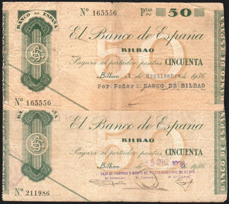 Banco de España Bilbao. 1 de septiembre y 5 de diciembre de 1936. 50 pesetas (2)...