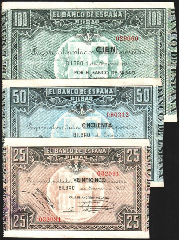 Banco de España Bilbao. 1 de enero de 1937. 25, 50 y 100 pesetas. Antefirmas Caj...