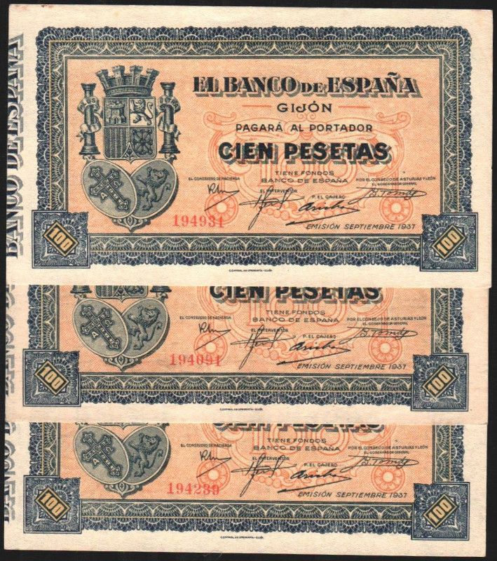 Banco de España Gijón. Septiembre 1937. 100 pesetas. Todos con los tres primeros...