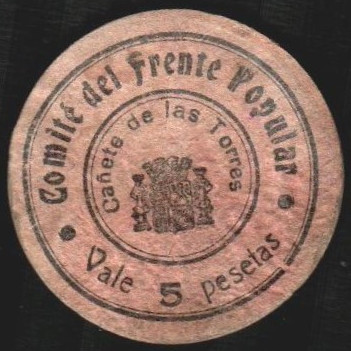 Comité del Frente Popular. CAÑETE DE LAS TORRES (Córdoba). 5 pesetas. Sello y fi...