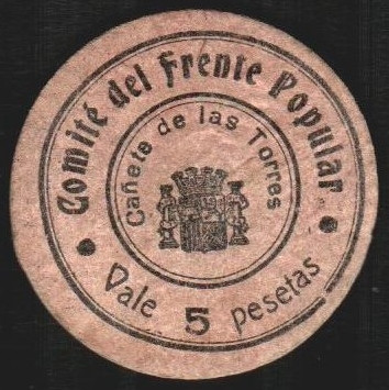 Comité del Frente Popular. CAÑETE DE LAS TORRES (Córdoba). 5 pesetas. Sello y fi...