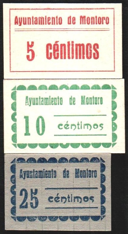 Ayuntamiento de MONTORO (Córdoba). 5, 10 y 25 céntimos. G no cita (sí el 5 ptas....