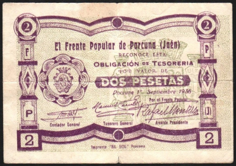 Frente Popular de PORCUNA (Jaén). 1 de septiembre de 1936. 2 pesetas. Obligación...