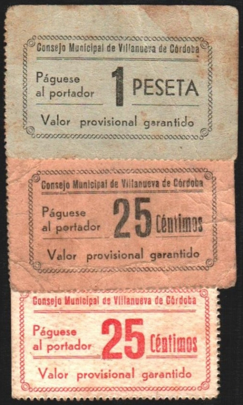 Consejo Municipal de VILLANUEVA DE CÓRDOBA (Córdoba). 25 céntimos (2) y 1 peseta...