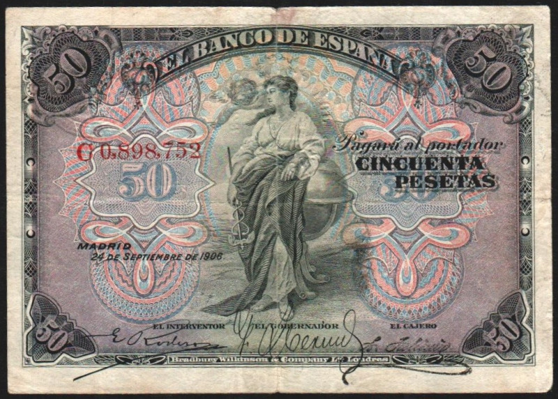 24 de septiembre de 1906. 50 pesetas. Serie C. Doble sello en seco de la II Repú...