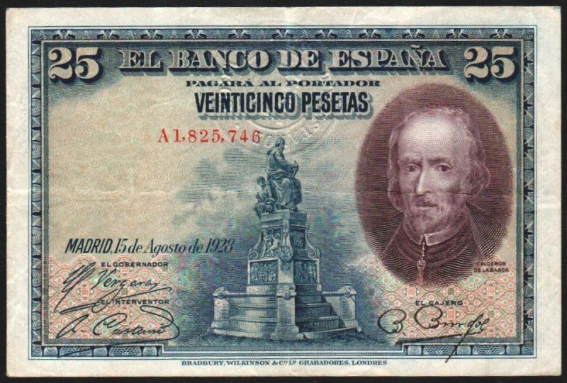 15 de agosto de 1928. 25 pesetas. Serie A. Sello en seco del Estado Español. E40...