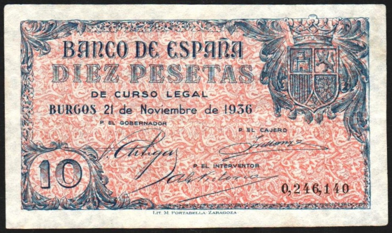 21 de noviembre de 1936. 10 pesetas. E418 (mbc 2.000€ ebc 3.000€). Ligeramente p...