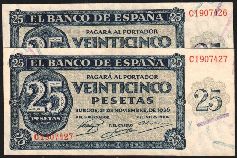 21 de noviembre de 1936. 25 pesetas. Serie C. Pareja correlativa. E419a. Picos a...