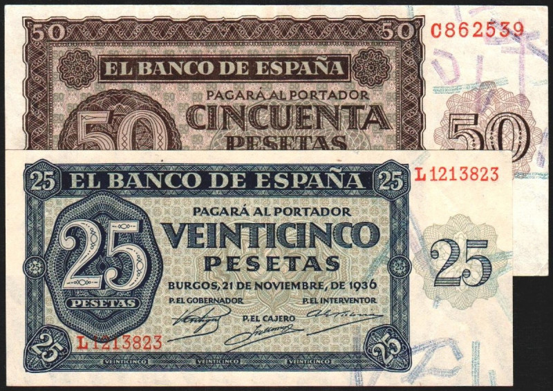21 de noviembre de 1936. 25 y 50 pesetas. Serie L y C. E419a y 420a. Esquina lig...