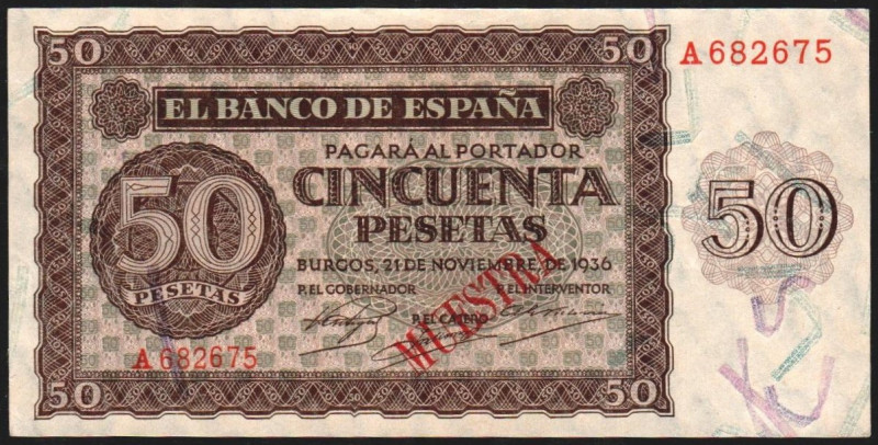 21 de noviembre de 1936. 50 pesetas. Serie A. MUESTRA estampado en rojo. Con num...