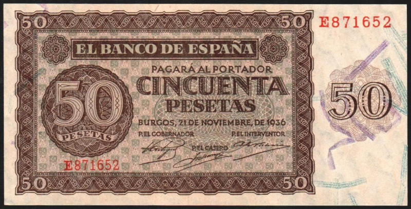 21 de noviembre de 1936. 50 pesetas. Serie E. E420a. SC, apresto original. Buen ...