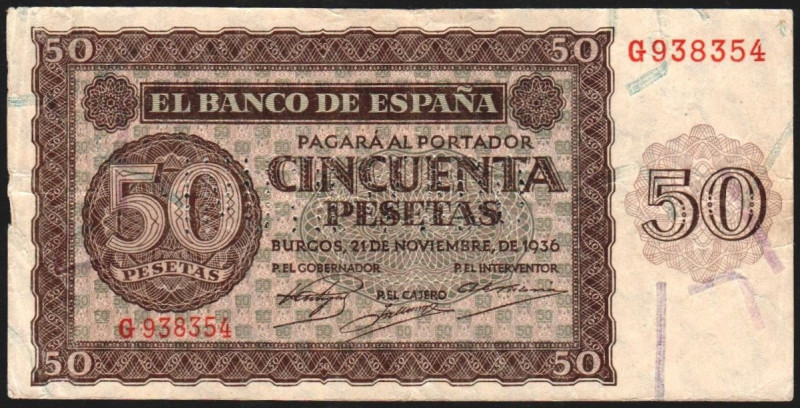 21 de noviembre de 1936. 50 pesetas. Serie G. INUTILIZADO en perforación. E420N....