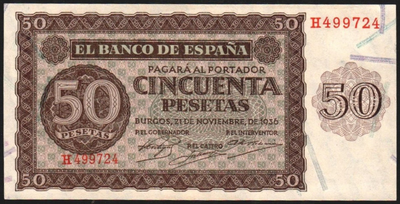 21 de noviembre de 1936. 50 pesetas. Serie H. E420a. Agujero de grapa. Planchado...