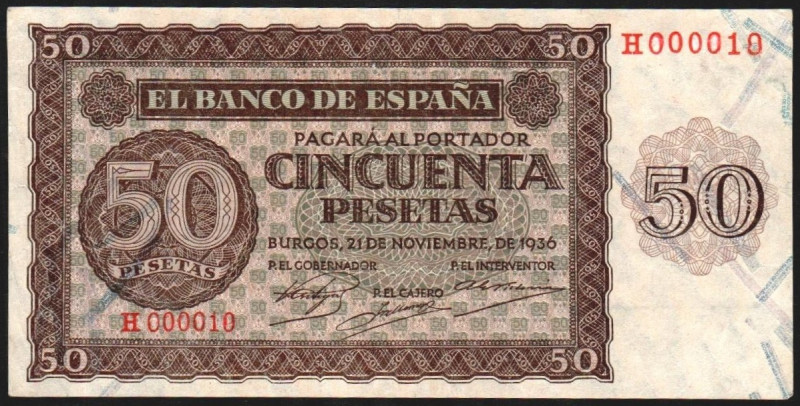 21 de noviembre de 1936. 50 pesetas. E420a. Planchado. Numeración manipulada en ...