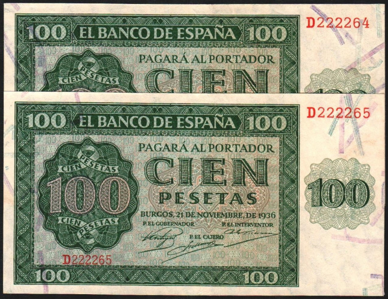 21 de noviembre de 1936. 100 pesetas. Serie D. Pareja correlativa. E421a. EBC+, ...