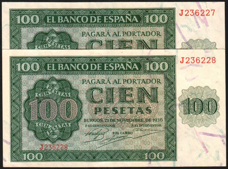 21 de noviembre de 1936. 100 pesetas. Serie J. Pareja correlativa. E421a. Piquit...