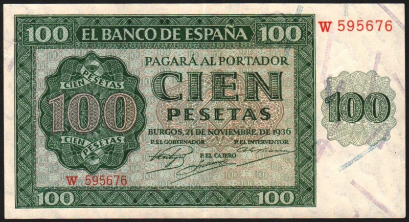 21 de noviembre de 1936. 100 pesetas. Serie W. E421a. EBC, mínimos restos de apr...