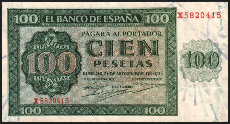 21 de noviembre de 1936. 100 pesetas. Serie X (útima serie). E421a. Esquina dobl...