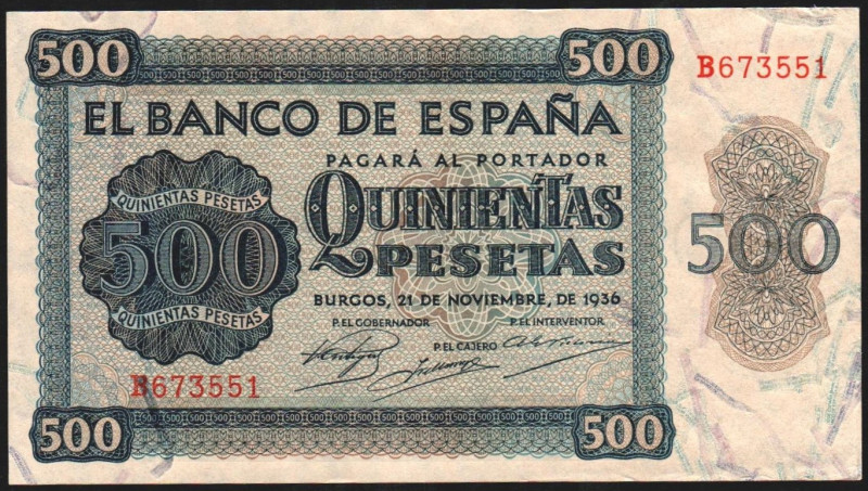 21 de noviembre de 1936. 500 pesetas. Serie B. E422a. Leve doblez sin romper la ...