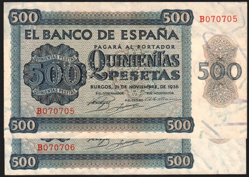 21 de noviembre de 1936. 500 pesetas. Serie B. Pareja correlativa. INUTILIZADO e...