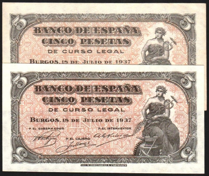 18 de julio de 1937. 5 pesetas. Serie B y C. E424a. SC y EBC+, apresto original....