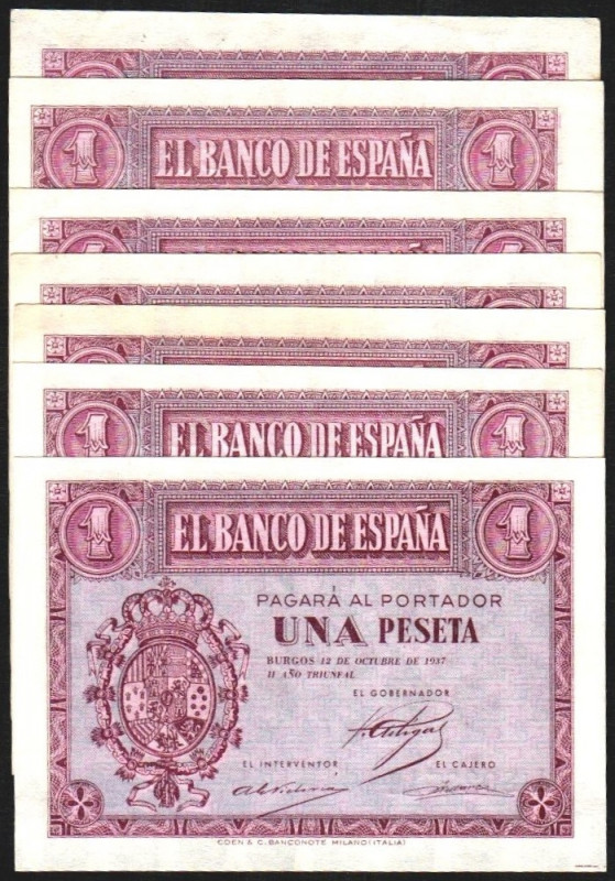 12 de octubre de 1937. 1 peseta. Serie A, B, C (2), D, E y F. E425 y 425a. Dos e...