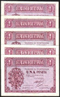 12 de octubre de 1937. 1 peseta. Serie A, B, C, D y E. E425 y 425a. Piquito marcado en uno, otros dos con marca en margen. SC, apresto original, y dos...