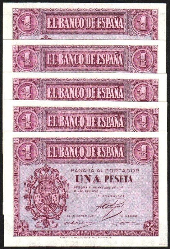 12 de octubre de 1937. 1 peseta. Serie A. Quinteto correlativo. E425. SC, aprest...