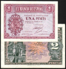 12 de octubre de 1937. 1 peseta. Serie C. Leve marquita en margen. SC, apresto original. Más 30/4/1938. 2 pesetas. Serie A. Piquitos romos. EBC+, apre...