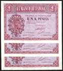 12 de octubre de 1937. 1 peseta. Serie E. Trío correlativo. E425a. SC, todo su apresto original. Lote de tres billetes (3)