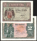 12 de octubre de 1937. 2 pesetas. Serie A. Algo descuidado. Casi EBC+, apresto original. Más 28/2/1938. 1 peseta. Serie F. Algún piquito levemente rom...
