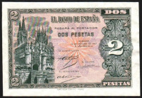 12 de octubre de 1937. 2 pesetas. Serie B. E426a (ebc 385€ sc 625€). Ligeramente planchado. Casi EBC+. Raro