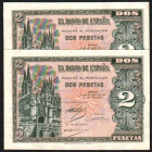 12 de octubre de 1937. 2 pesetas. Serie B. Pareja correlativa. E426a (625€). Leve marca en uno. SC, apresto original. Buena pareja. Rara. Lote de dos ...