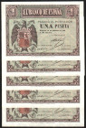 28 de febrero de 1938. 1 peseta. Serie E. Quinteto correlativo. E427a. Leve marca en lateral de todos. SC, apresto original. Lote de cinco billetes (5...