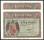 28 de febrero de 1938. 1 peseta. Serie F. Pareja correlativa. E427a. Levísima marca en lateral de ambos. SC, apresto original. Lote de dos billetes (2...