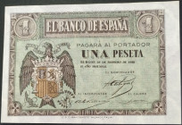 28 de febrero de 1938. 1 peseta. Serie G. E427b (sc 300€). Levísima marquita. Algo descentrado. SC, apresto original. Escaso